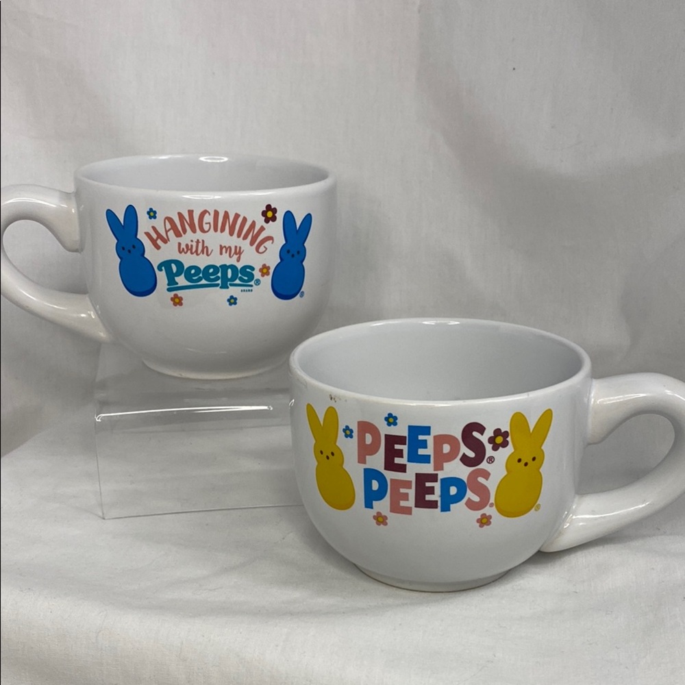 (2) Peeps Mugs~ Peeps Peeps Yellow Easter Bunnies & Blue Hanging w/ My Peeps Mug